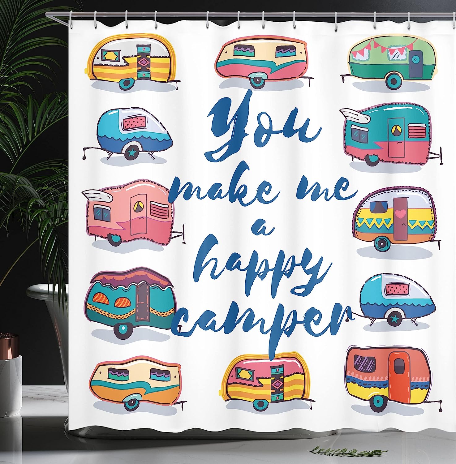 Indigo Yellow You Make Me Happy Camper Motivational Words With Caravans Retro Style Travel Graphic Shower Curtain - Image 3