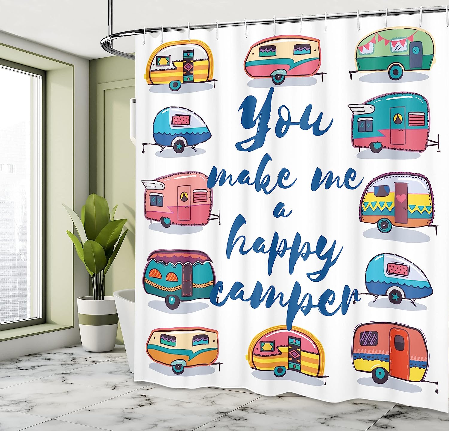 Indigo Yellow You Make Me Happy Camper Motivational Words With Caravans Retro Style Travel Graphic Shower Curtain - Image 4