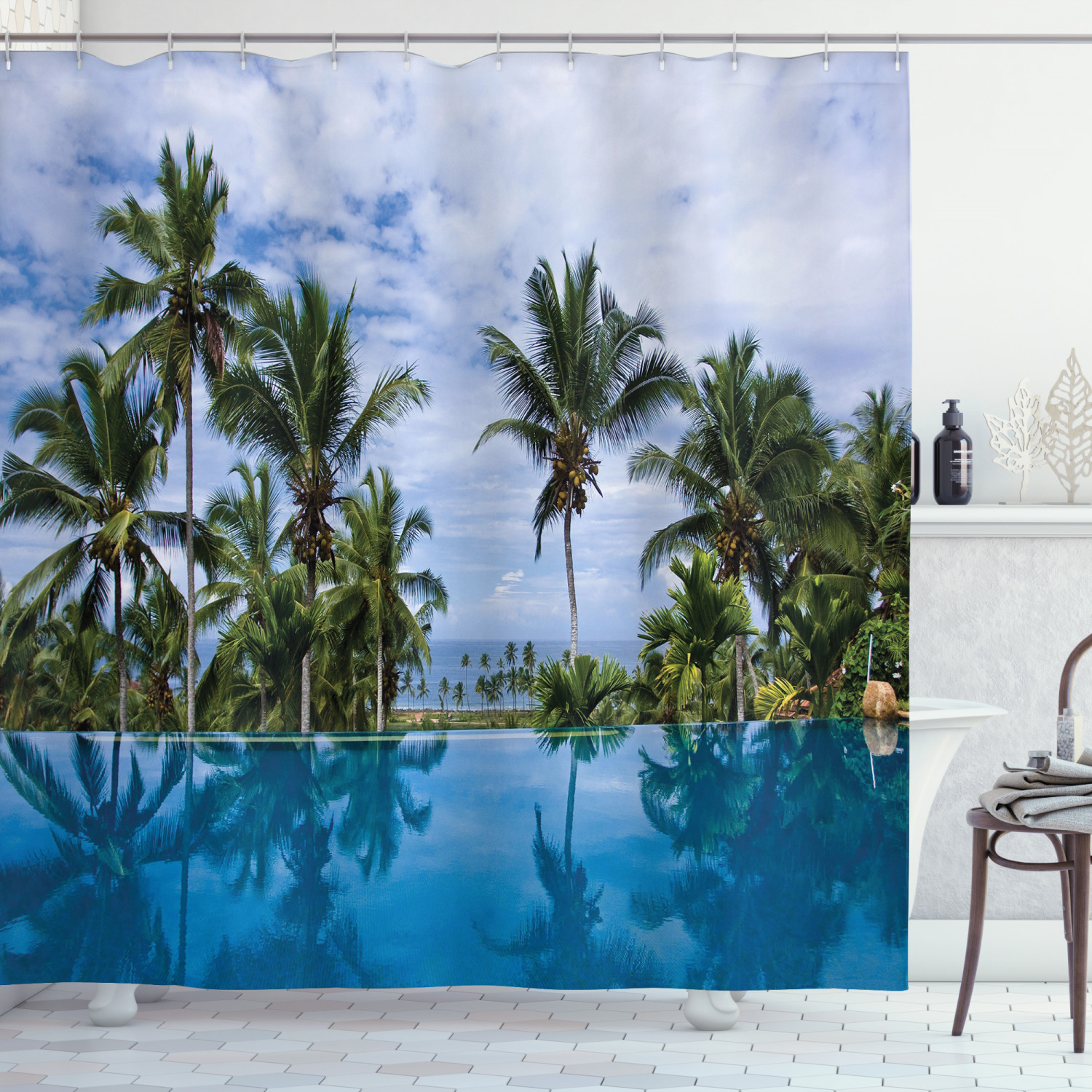 Infinity Pool Palm Shower Curtain for Coastal Bathroom Decor