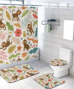 Infuse Fun and Whimsy with Monkey Illustration Tropical Leaves Shower Curtain 