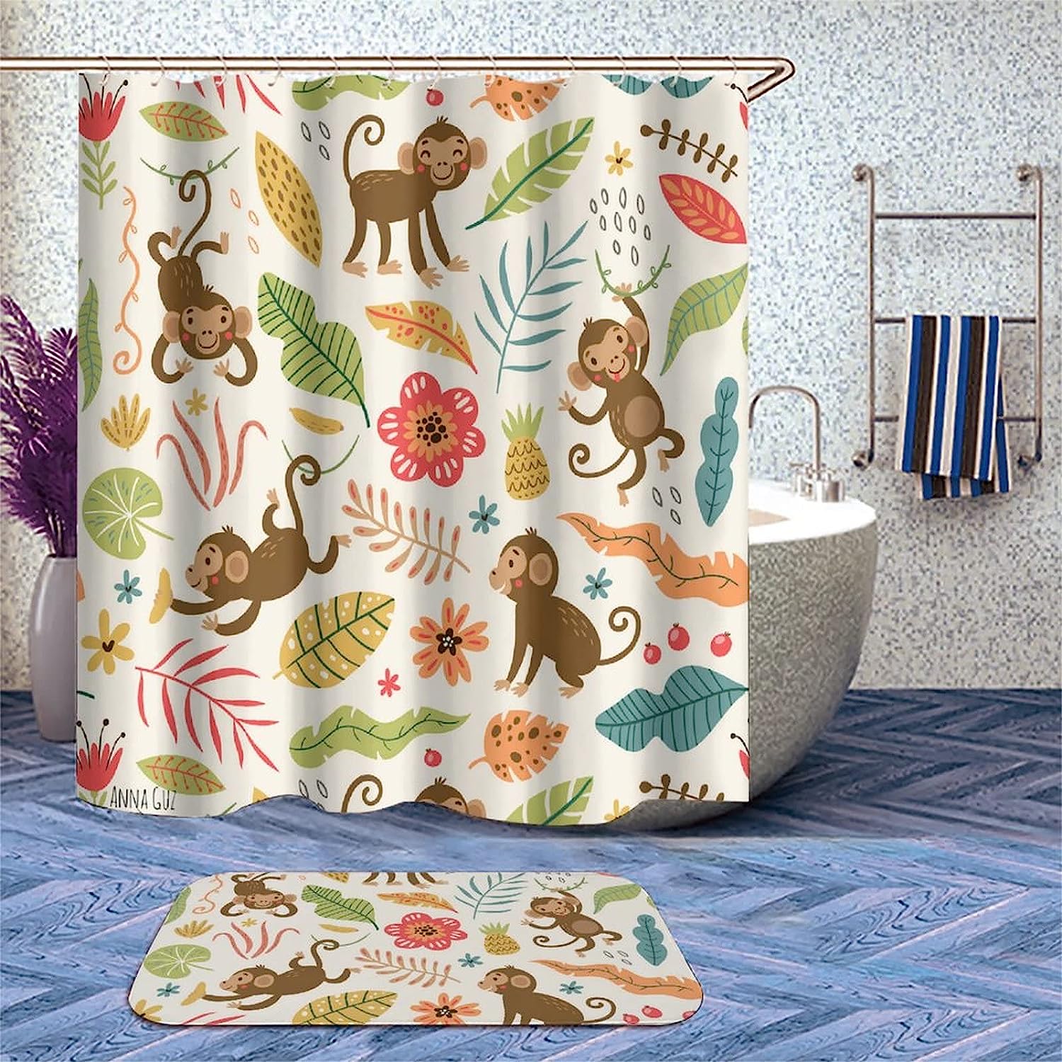 Infuse Fun and Whimsy with Monkey Illustration Tropical Leaves Shower Curtain
