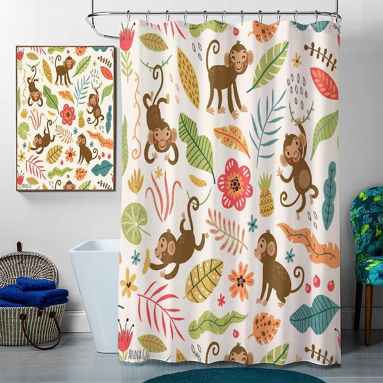 Infuse Fun and Whimsy with Monkey Illustration Tropical Leaves Shower Curtain