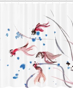Ink Painting Koi Fish Shower Curtain - Cloth Fabric Bathroom Decor In Red And Blue