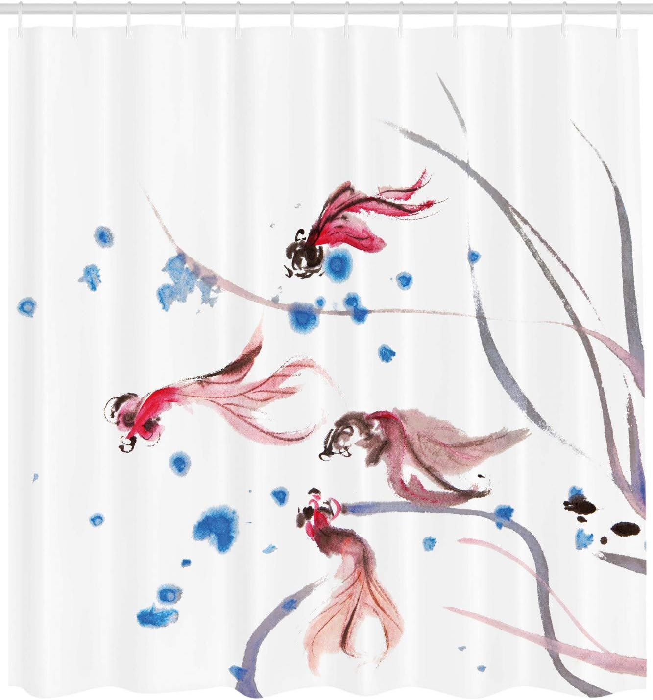 Ink Painting Koi Fish Shower Curtain - Cloth Fabric Bathroom Decor In Red And Blue