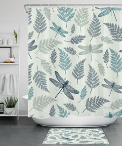 Insect and Plant Print Shower Curtain with Teal and Black Color Scheme