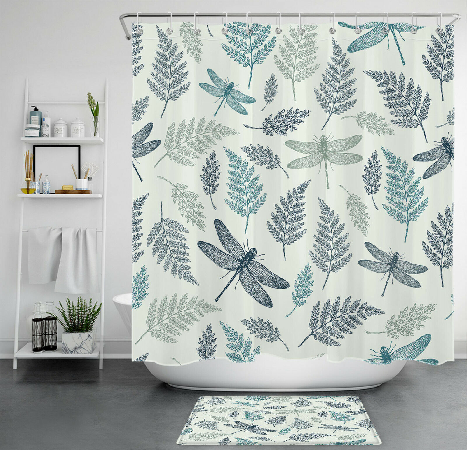 Insect and Plant Print Shower Curtain with Teal and Black Color Scheme