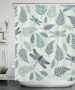 Insect and Plant Print Shower Curtain with Teal and Black Color Scheme