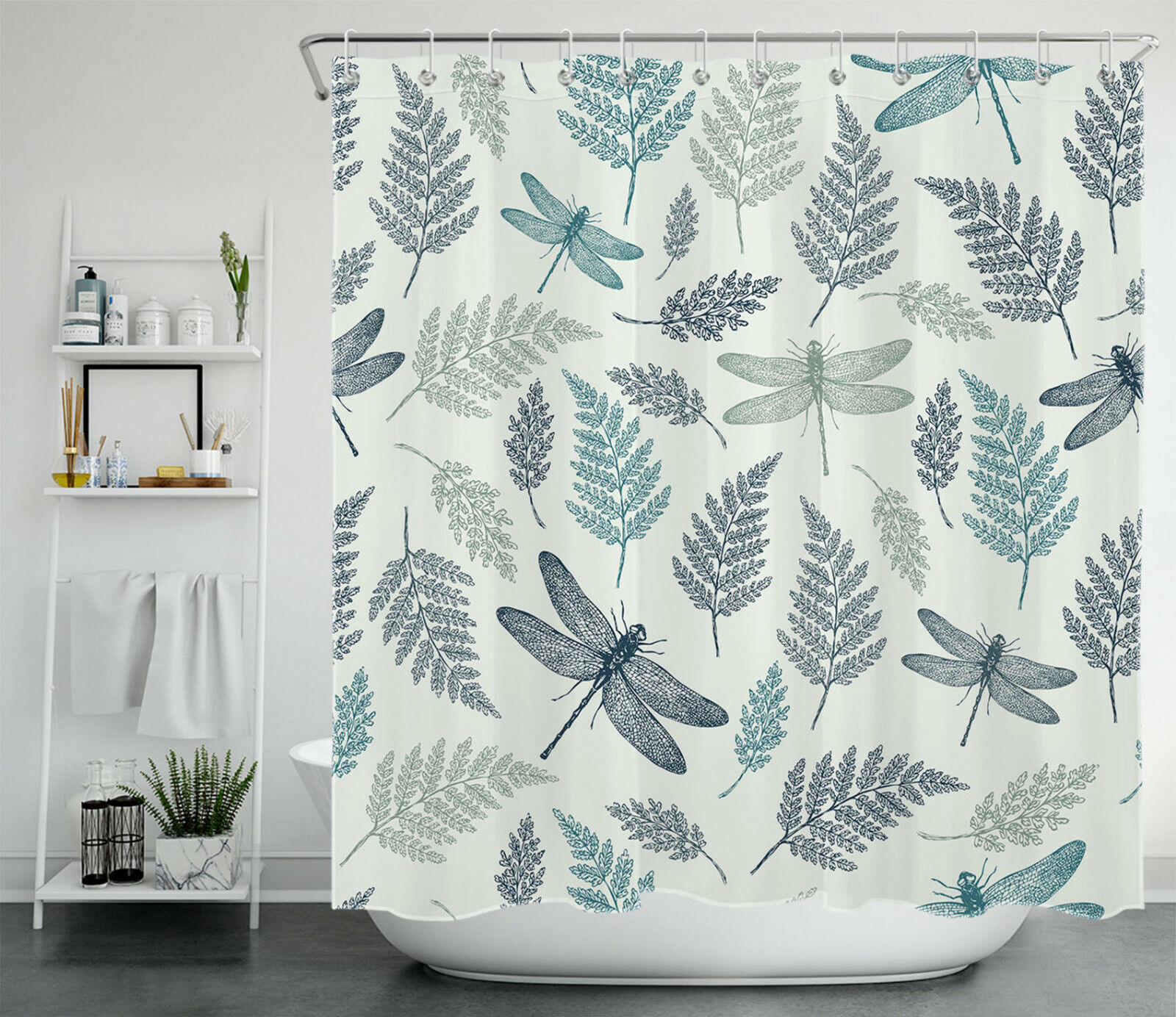 Insect and Plant Print Shower Curtain with Teal and Black Color Scheme