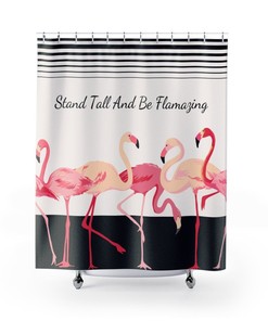 Inspirational And Positive Pink Flamingo Shower Curtain With Tropical Stripes, Perfect Bathroom Decor For Animal Lovers