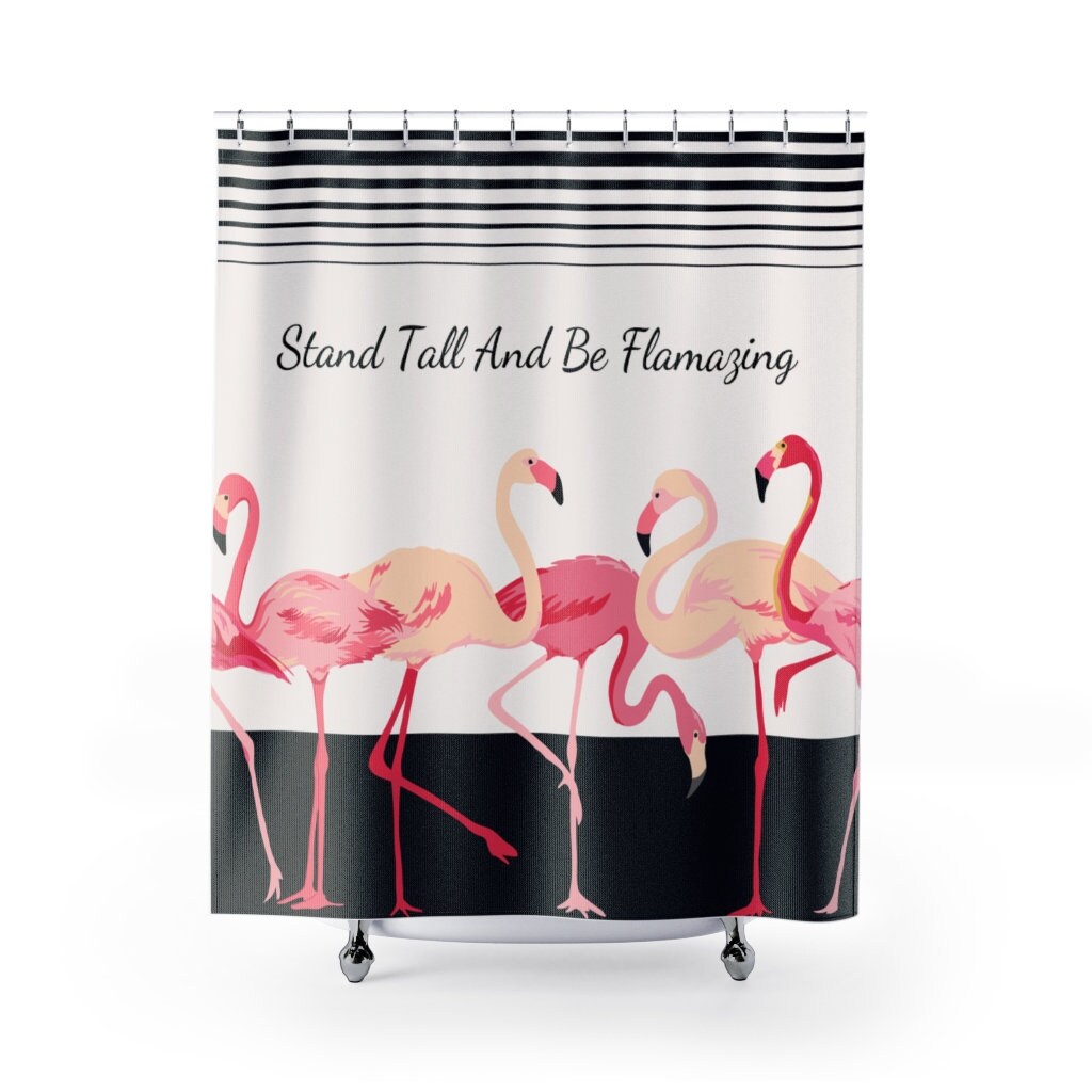 Inspirational And Positive Pink Flamingo Shower Curtain With Tropical Stripes, Perfect Bathroom Decor For Animal Lovers