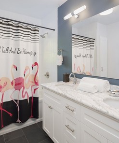 Inspirational And Positive Pink Flamingo Shower Curtain With Tropical Stripes, Perfect Bathroom Decor For Animal Lovers