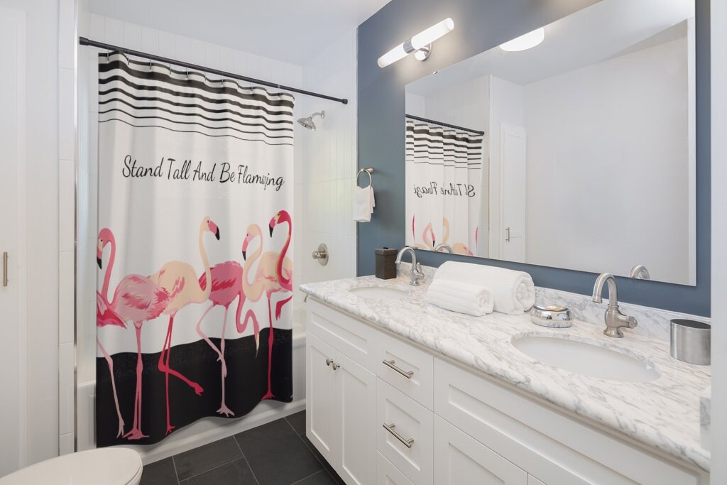 Inspirational And Positive Pink Flamingo Shower Curtain With Tropical Stripes, Perfect Bathroom Decor For Animal Lovers