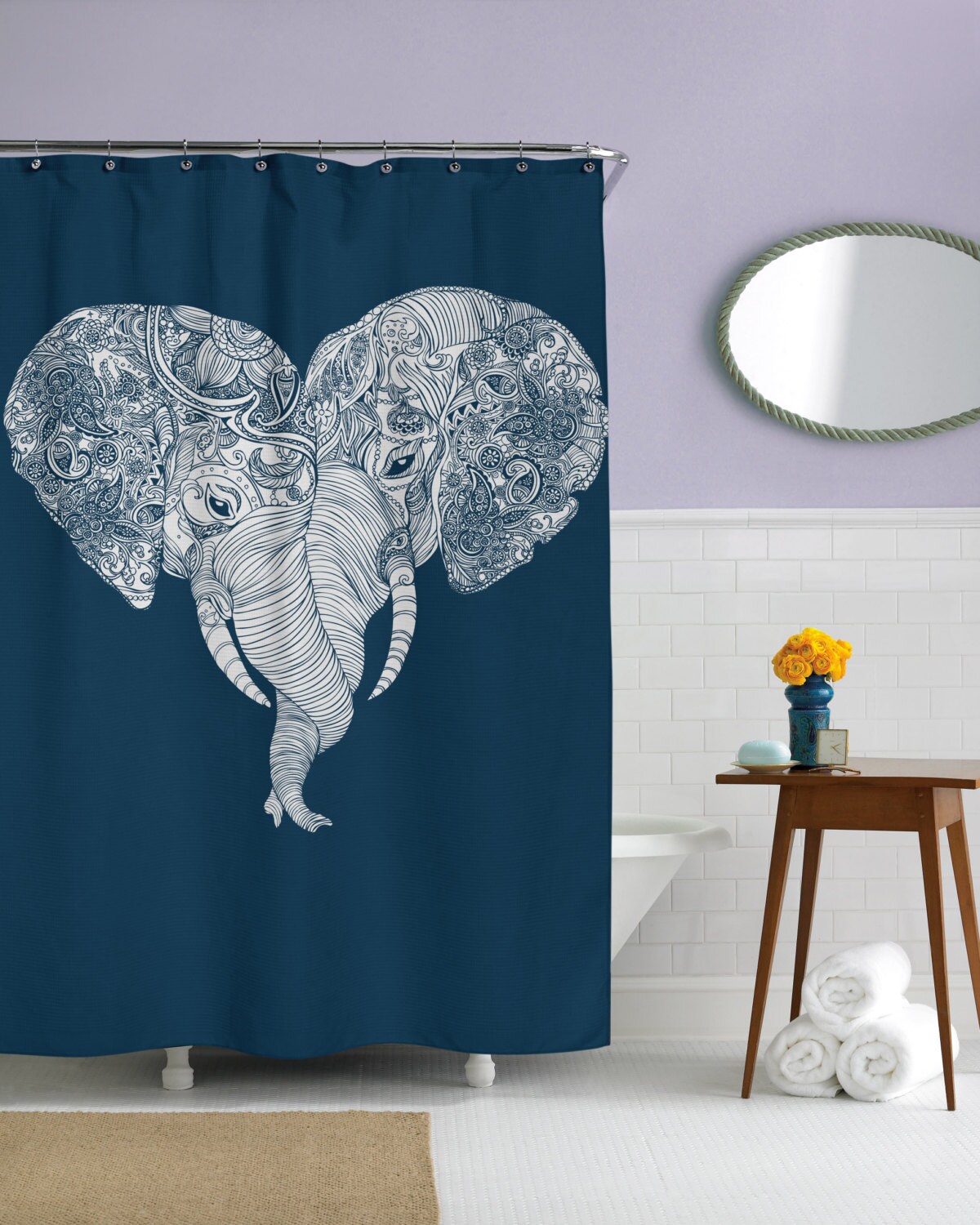 Inspirational Art Navy Elephant Heart Bath Curtain For Boho Bathroom