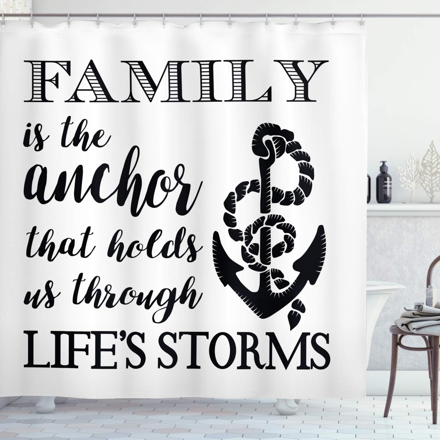 Inspirational Black And White Family Anchor Saying Shower Curtain