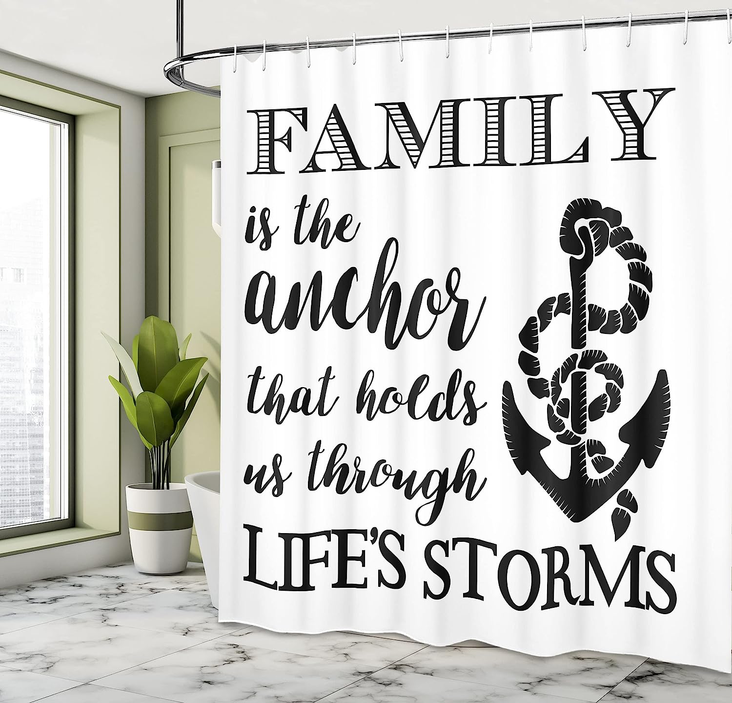 Inspirational Black And White Family Anchor Saying Shower Curtain - Image 4