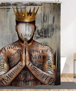 Inspirational Black Men Shower Curtain - African American King with Motivational Phrases
