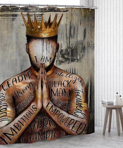 Inspirational Black Men Shower Curtain - African American King with Motivational Phrases