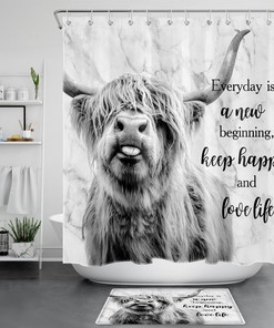 Inspirational Grey Highland Cow Marble Shower Curtain Bathroom Accessories Set 