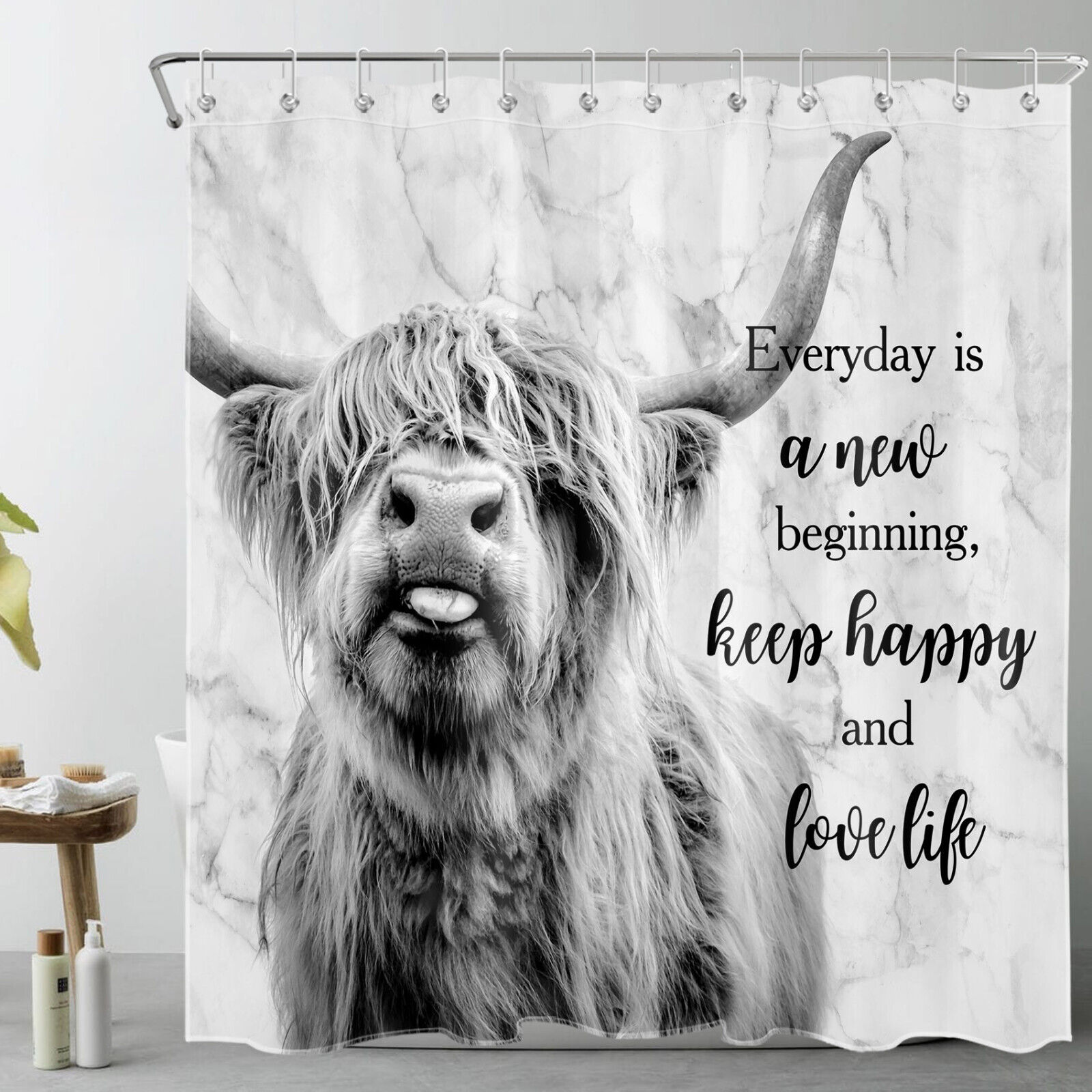 Inspirational Grey Highland Cow Marble Shower Curtain Bathroom Accessories Set