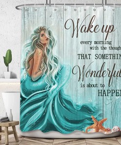 Inspirational Mermaid Tail Quote Teal Shower Curtain Set for Nautical Theme Bathrooms