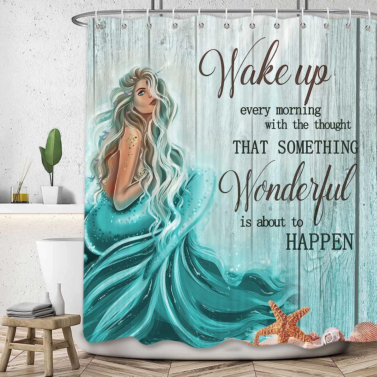 Inspirational Mermaid Tail Quote Teal Shower Curtain Set for Nautical Theme Bathrooms