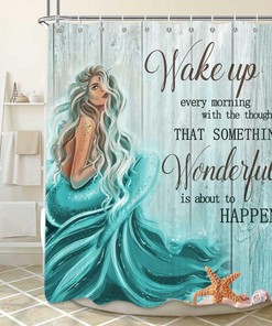 Inspirational Mermaid Tail Quote Teal Shower Curtain Set for Nautical Theme Bathrooms