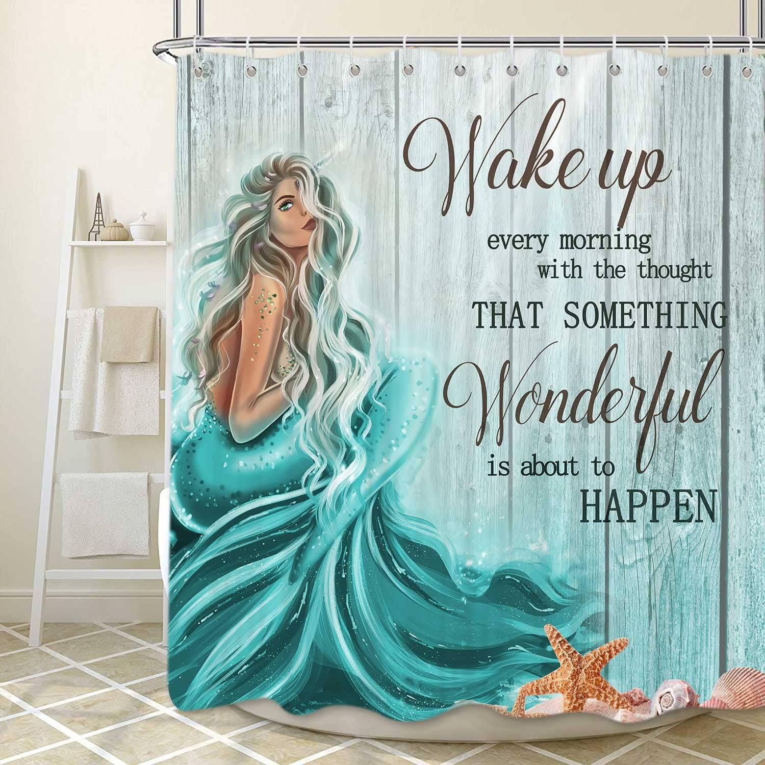 Inspirational Mermaid Tail Quote Teal Shower Curtain Set for Nautical Theme Bathrooms