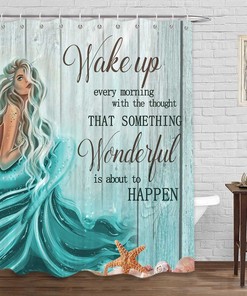 Inspirational Mermaid Tail Quote Teal Shower Curtain Set for Nautical Theme Bathrooms