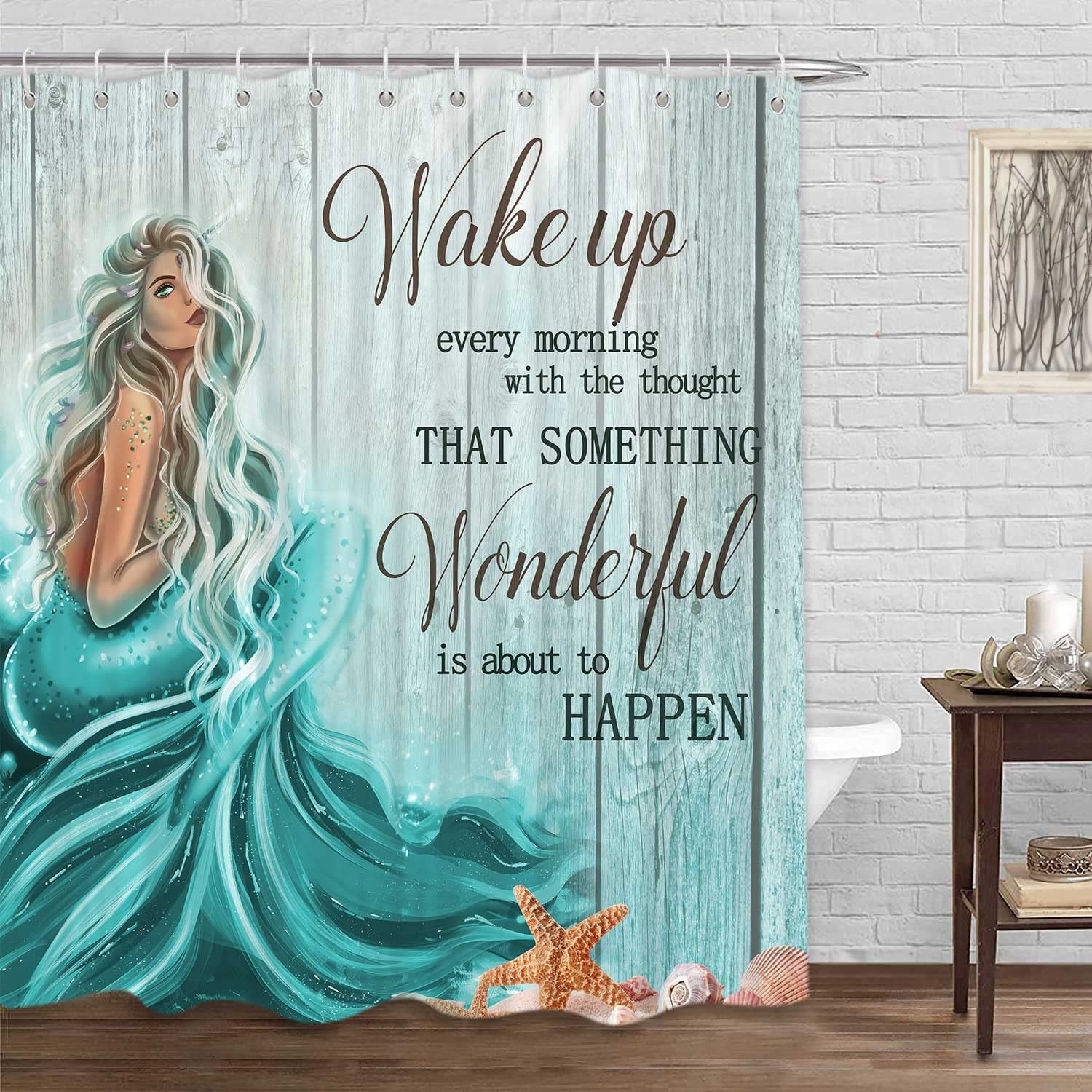 Inspirational Mermaid Tail Quote Teal Shower Curtain Set for Nautical Theme Bathrooms
