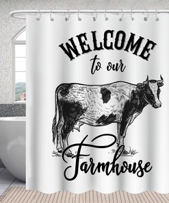 Inspirational Quote Black and White Shower Curtain - Farmhouse Bathroom Decor with Cow Print