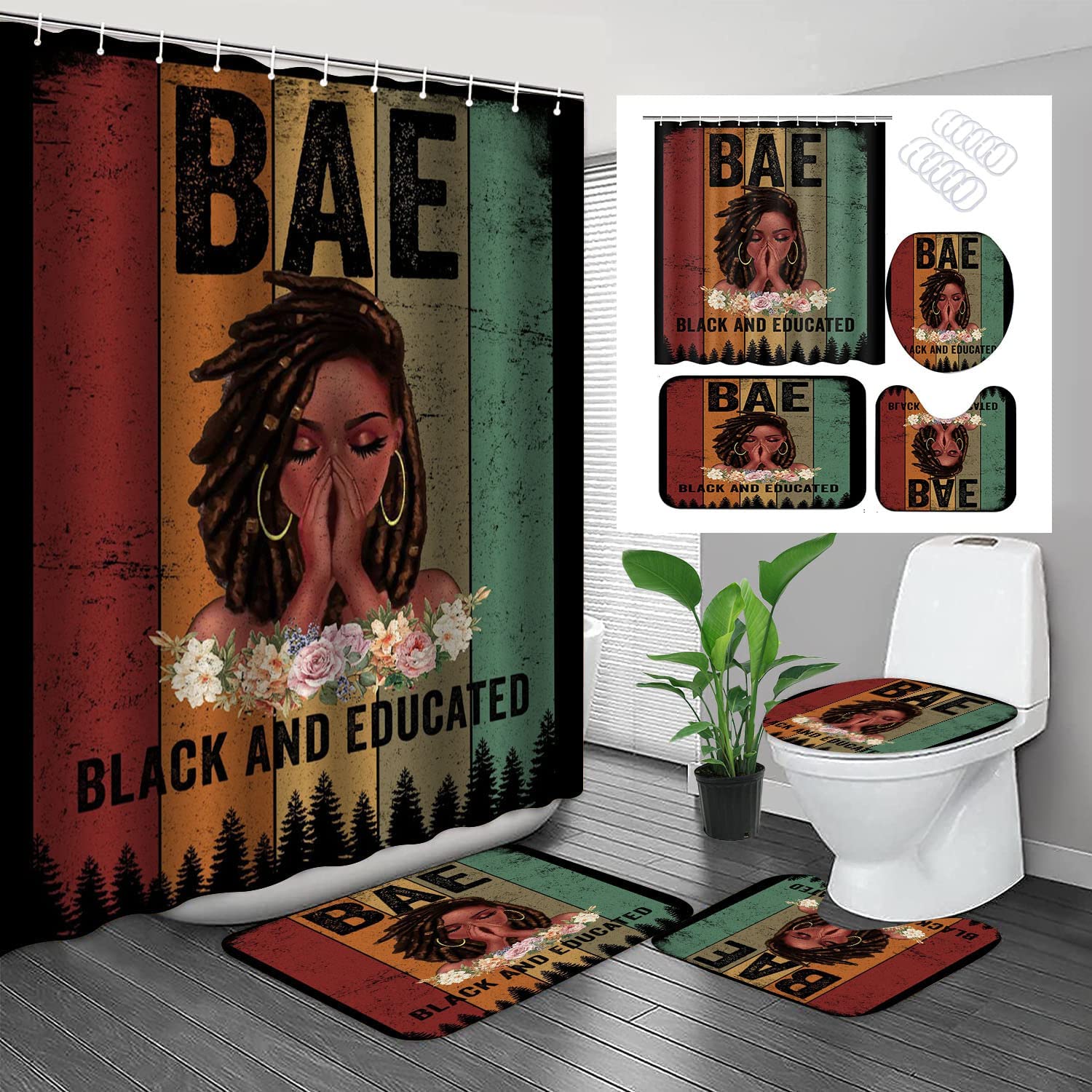 Inspirational Quote Boho African American Praying Girl Shower Curtain for Motivational Bathroom Decor