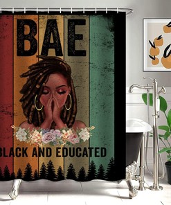 Inspirational Quote Boho African American Praying Girl Shower Curtain for Motivational Bathroom Decor