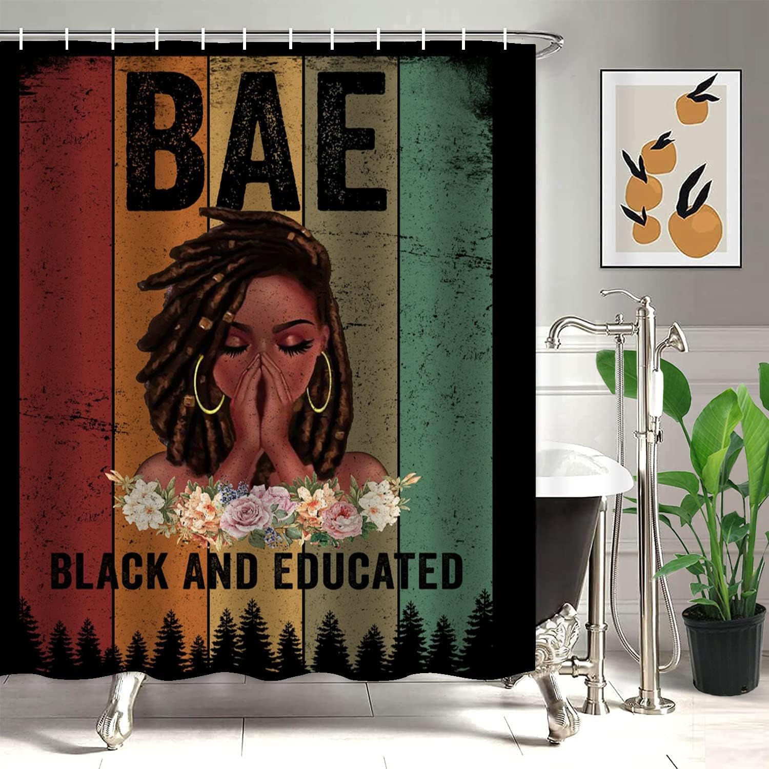Inspirational Quote Boho African American Praying Girl Shower Curtain for Motivational Bathroom Decor