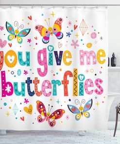 Inspirational Quote Hearts Cartoon Print Butterfly Shower Curtain - Fun And Cute Bathroom Decor Idea