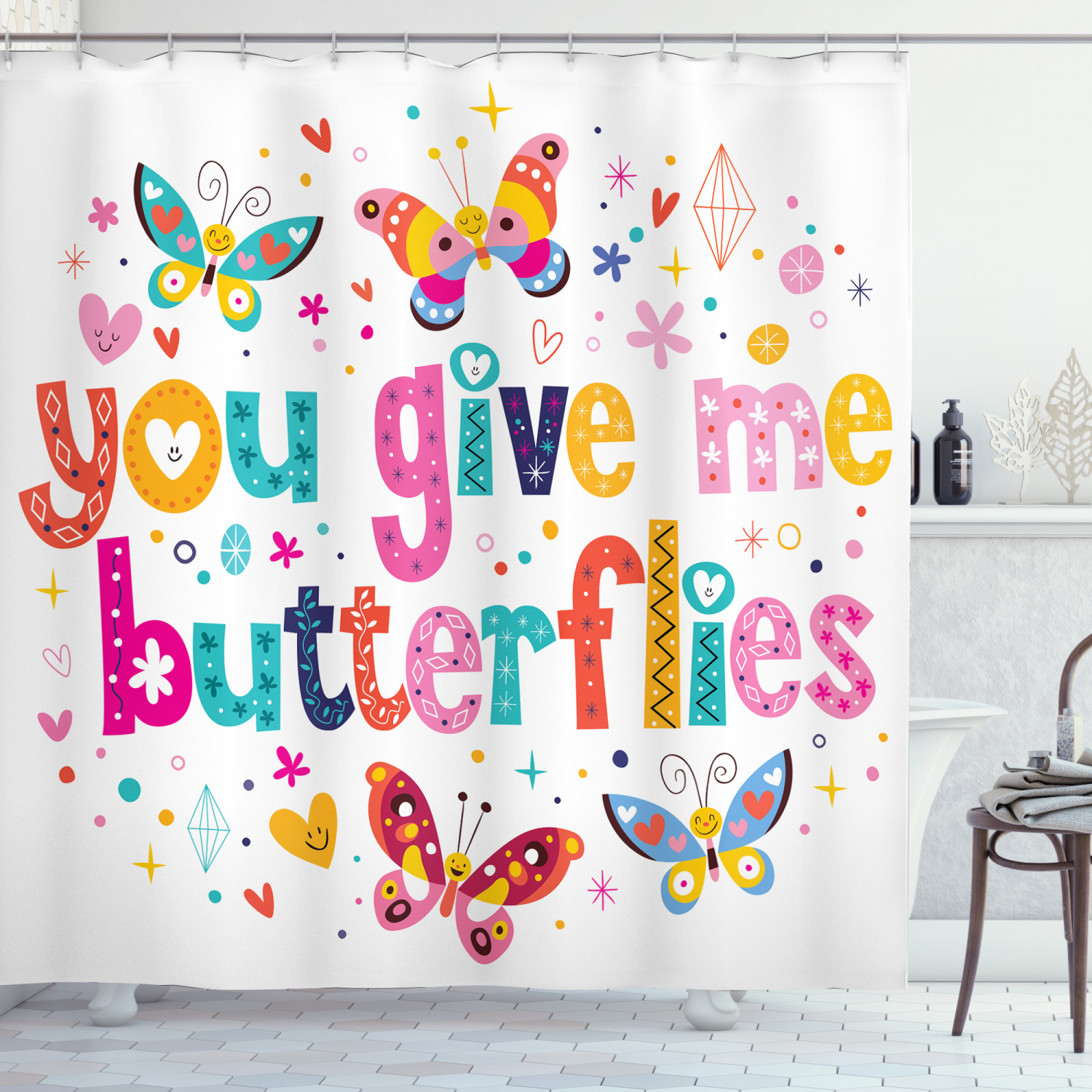 Inspirational Quote Hearts Cartoon Print Butterfly Shower Curtain - Fun And Cute Bathroom Decor Idea - Image 3