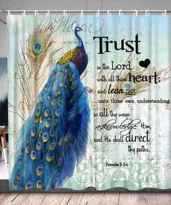 Inspirational Quote Peacock Shower Curtain with Asian Beautiful Bird Design