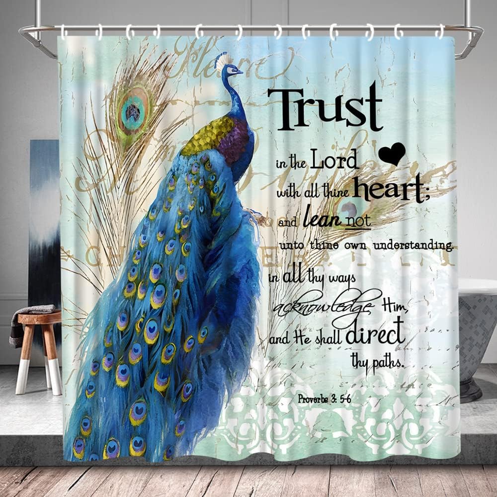 Inspirational Quote Peacock Shower Curtain with Asian Beautiful Bird Design