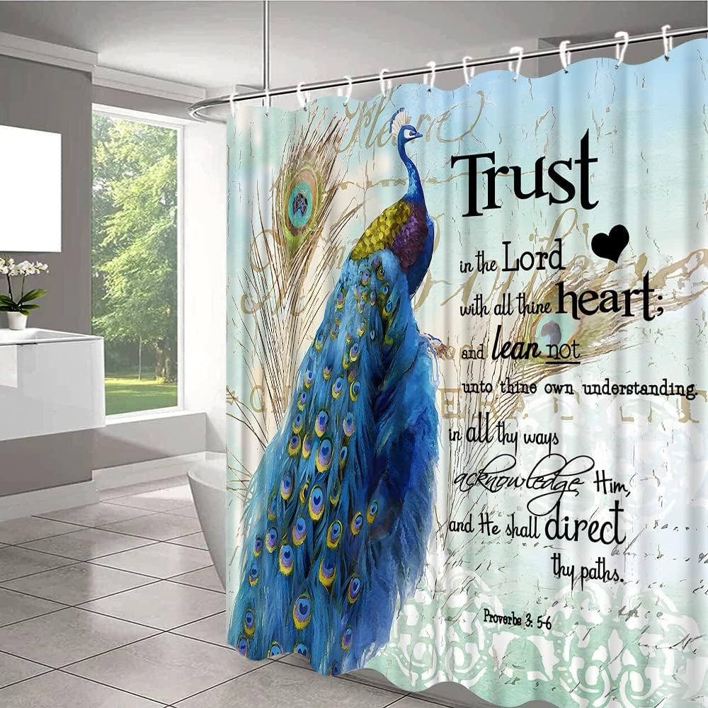 Inspirational Quote Peacock Shower Curtain with Asian Beautiful Bird Design