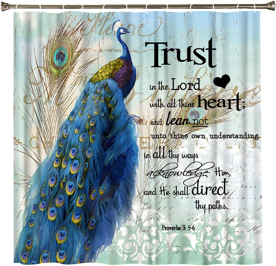 Inspirational Quote Peacock Shower Curtain with Asian Beautiful Bird Design