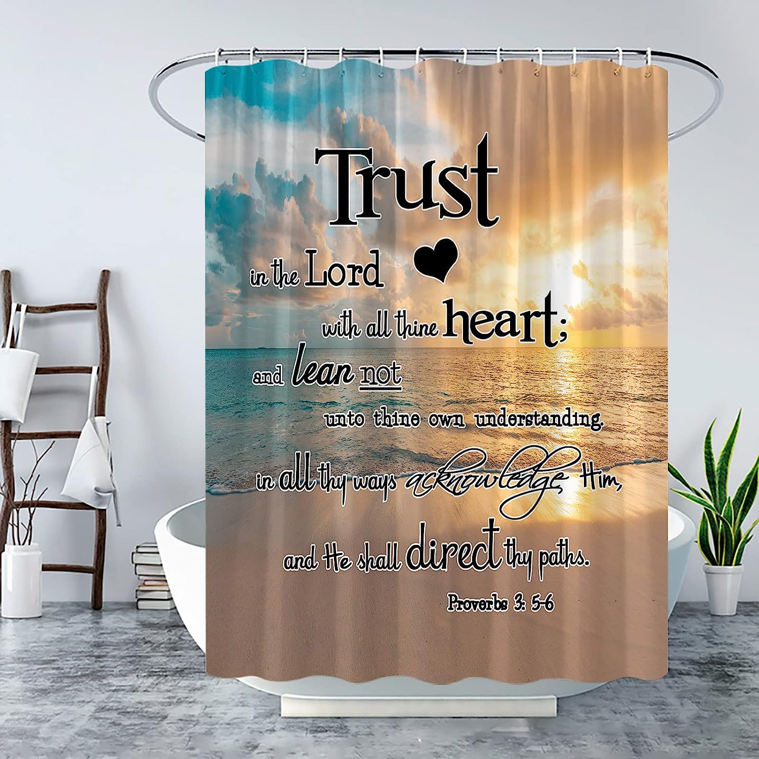 Inspirational Quote Shower Curtain with Ocean Beach Theme - Seaside Landscape Summer Decor for Bathroom