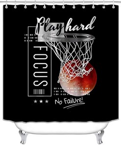 Inspirational Quotes Sports Shower Curtain with Orange Full Moon - Cool Basketball Boys Bathroom Decor