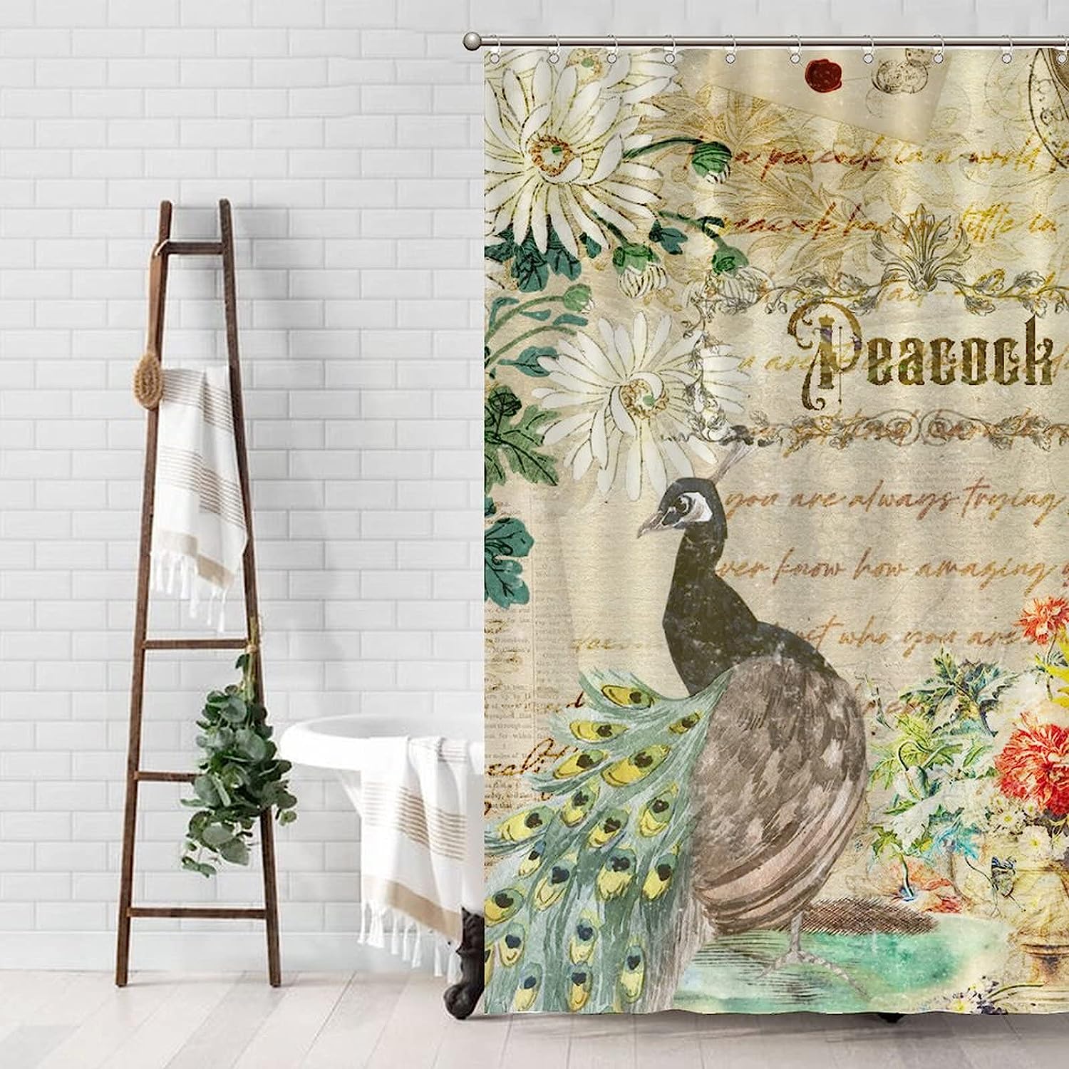 Inspirational Quotes and Peacock Flower Design Bath Shower Curtain
