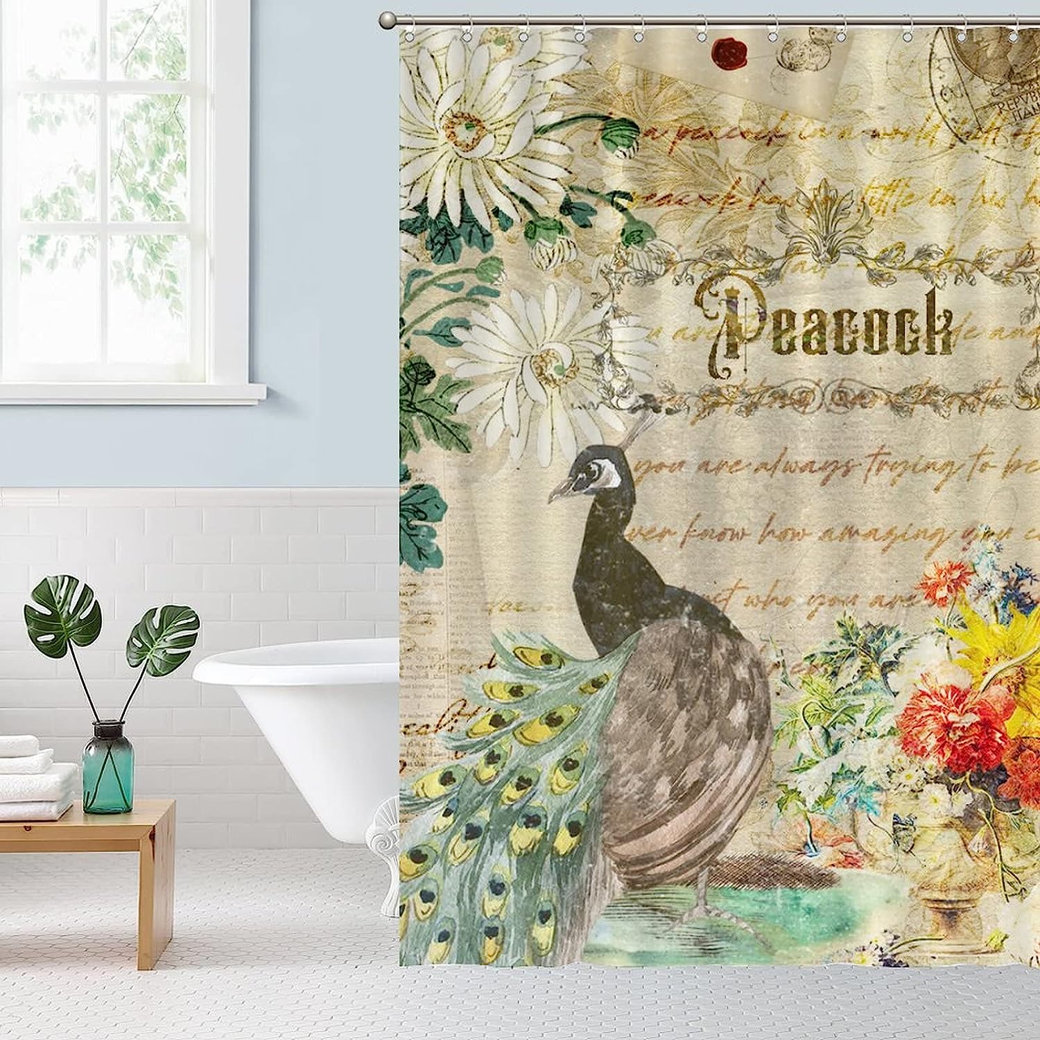 Inspirational Quotes and Peacock Flower Design Bath Shower Curtain