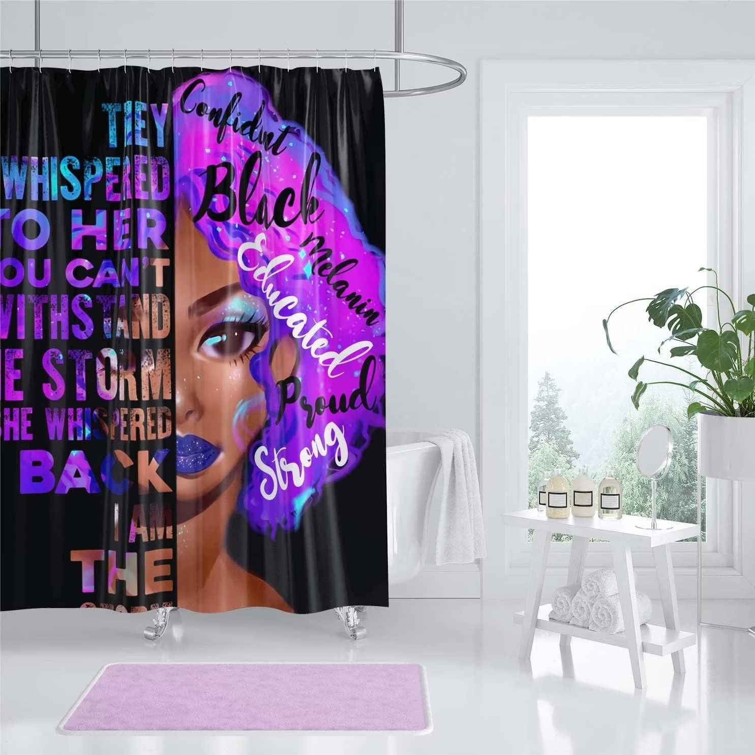 Inspirational Slogan African American Girl Fabric Shower Curtain For Bathroom Decor - Image 2