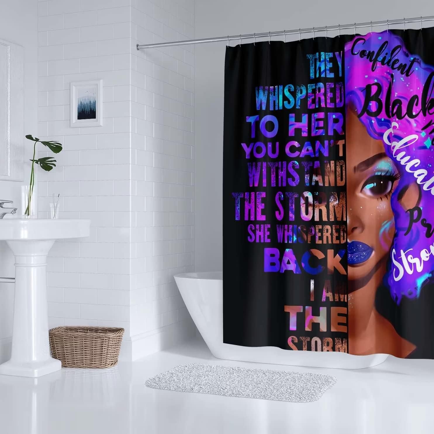 Inspirational Slogan African American Girl Fabric Shower Curtain For Bathroom Decor - Image 3