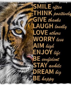 Inspirational Tiger Shower Curtain with Quotes and Tropical Wildlife Design for Motivational Bathroom Decor