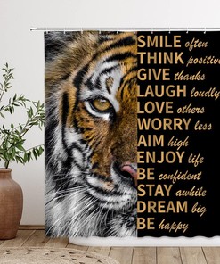 Inspirational Tiger Shower Curtain with Quotes and Tropical Wildlife Design for Motivational Bathroom Decor