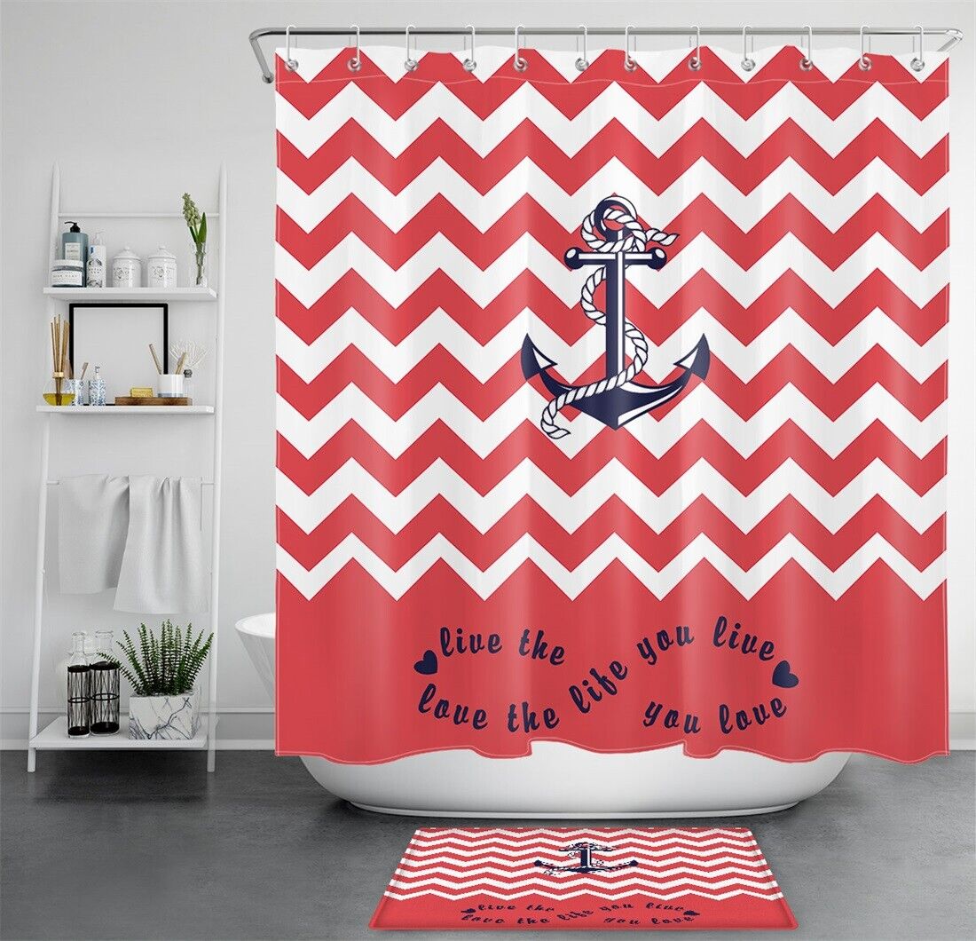 Inspirational Words Anchor Red Stripes Fabric Shower Curtain For Bathroom