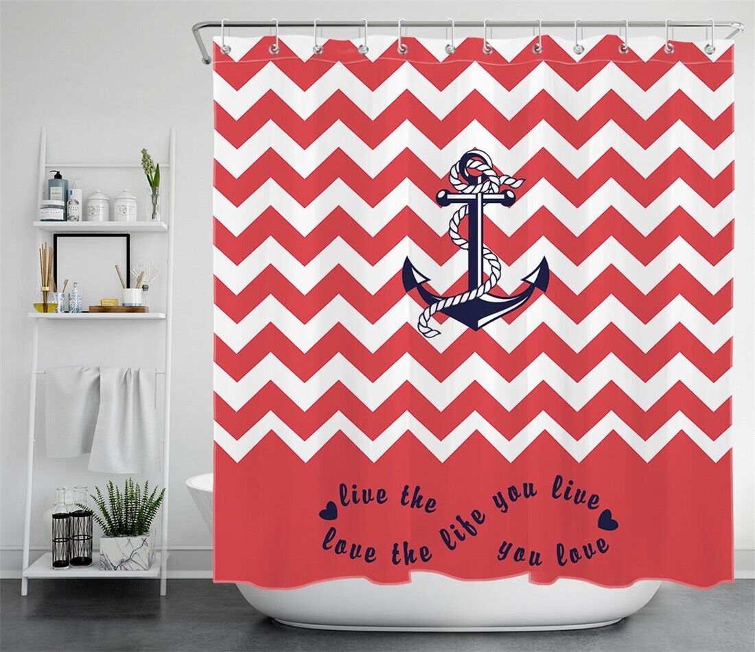 Inspirational Words Anchor Red Stripes Fabric Shower Curtain For Bathroom - Image 2