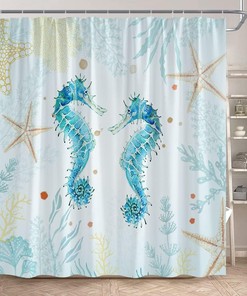 Inspiring Seahorse Shower Curtain with Underwater Plants and Starfish for Motivational Bathroom Decor